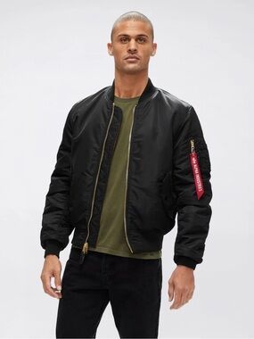 Alpha Industries Black MA-1 Slim Fit Flight Bomber Jacket Remove Before Flight